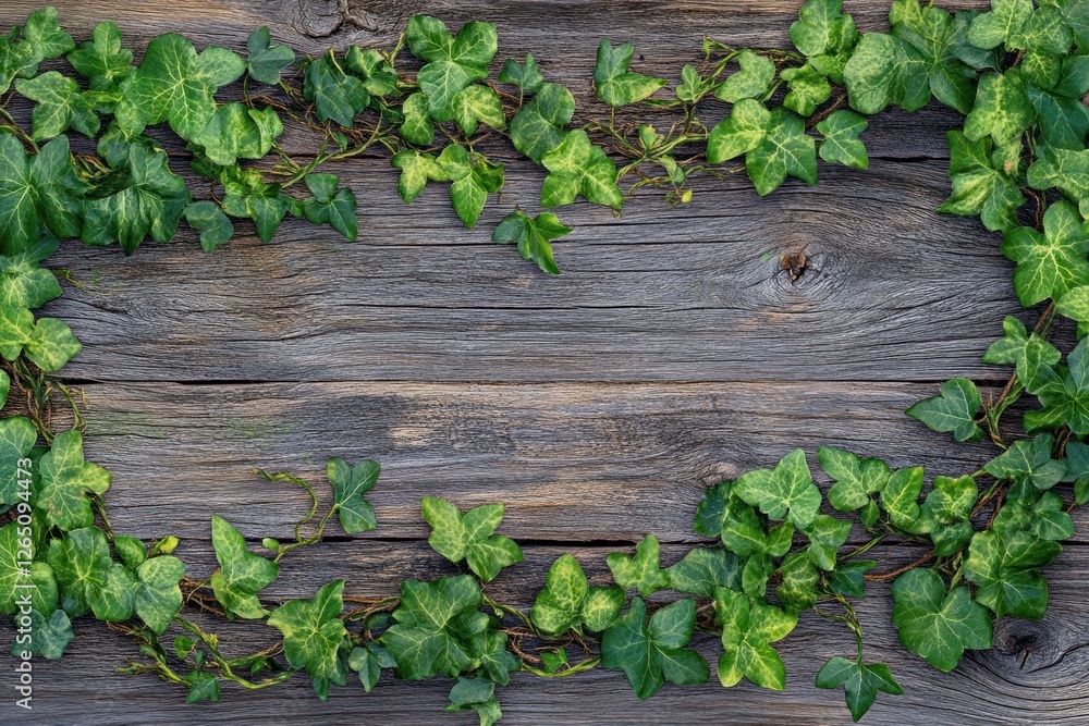 Lush green ivy frame on rustic weathered wood background. Lush green ivy frame on rustic weathered wood background.