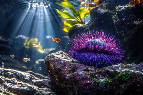 A vibrant purple sea urchin sits on a rock in an underwater scene with sunlight and fish. photo