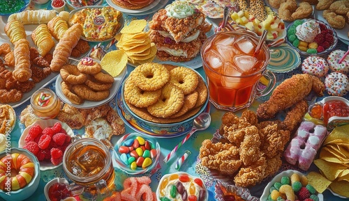 A colorful spread of various junk foods, sweets, and a refreshing iced drink. photo