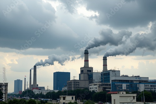 Industrial Power Plant Emissions Smoke Stacks Cloudy Sky Urban Landscape photo