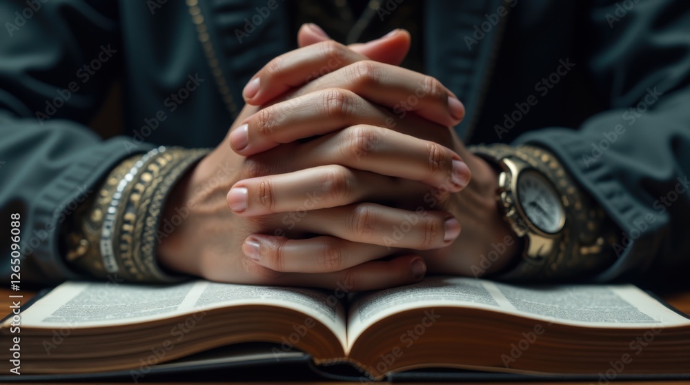 Fototapeta premium Close-up of clasped hands resting on an open Bible, symbolizing faith, devotion, and prayer in a spiritual moment. 