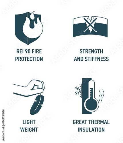 Wooden materials icons - thermal insulation, Light weight, Strength, Fire protection