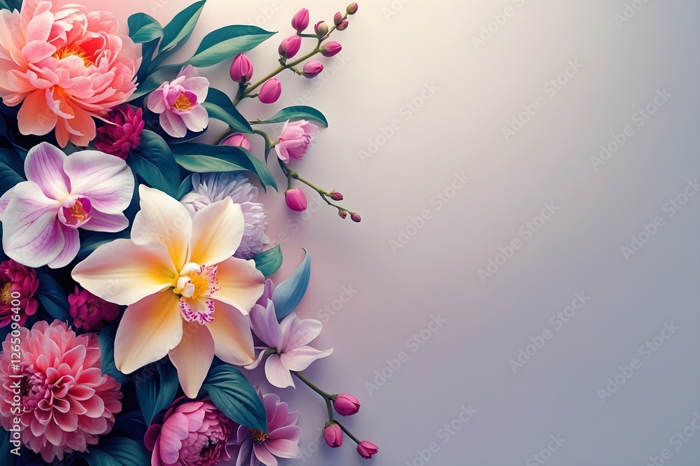Naklejka premium Charming Floral Corner: Delightful Composition of Peonies and Orchids with Silky Texture, Radiating Feminine Energy and Peace, Perfect Visual for International Women's Day Gifts and Peaceful Occasions