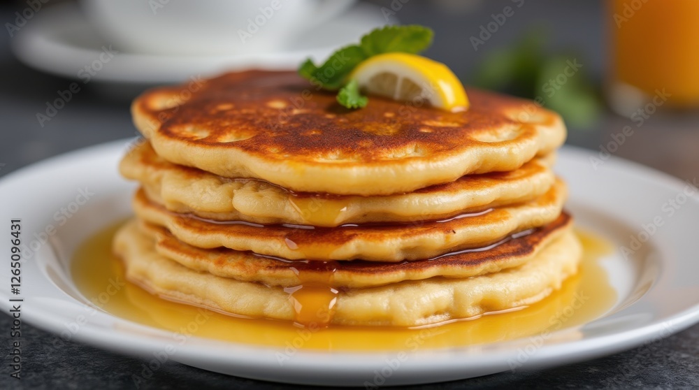 A stack of golden brown pancakes drizzled with maple syrup and garnished with a lemon slice, perfect for a delicious breakfast.
A stack of golden brown pancakes drizzled with maple syrup and garnished with a lemon slice, perfect for a delicious breakfast.