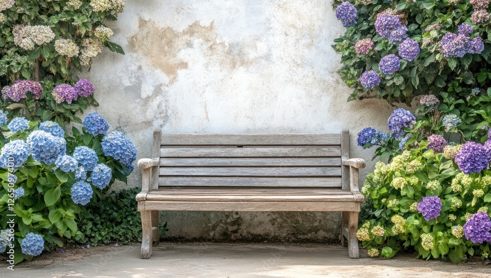 Fototapeta premium Rustic wooden bench sits between vibrant hydrangea bushes against a weathered wall.