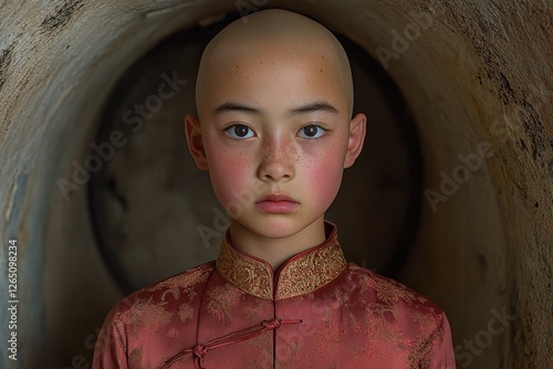 Portrait of a young child wearing traditional attire, posing inside a vintage stone structure with a serene expression photo