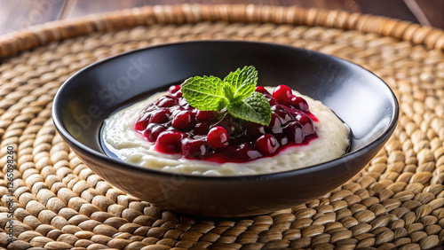 Delicious tapioca pudding topped with berry compote and fresh mint, served in a black bowl photo