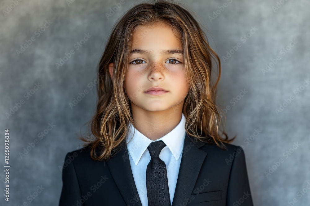 Young boy in formal suit with long hair poses confidently against a neutral backdrop during a photo session Young boy in formal suit with long hair poses confidently against a neutral backdrop during a photo session