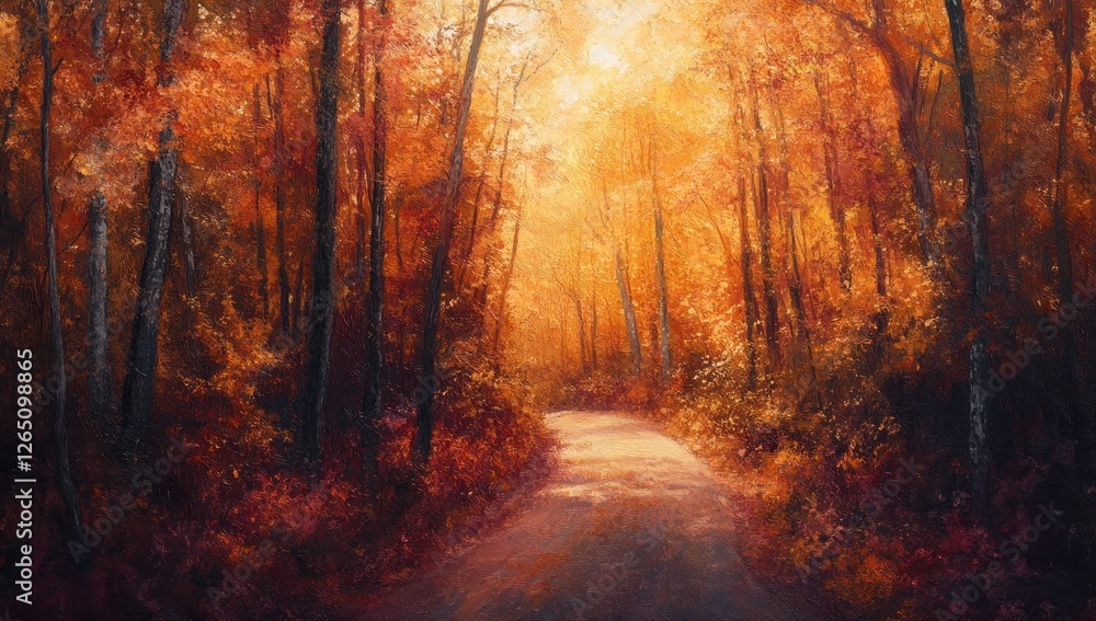 Obraz premium Sunlit path through autumn forest with vibrant foliage.