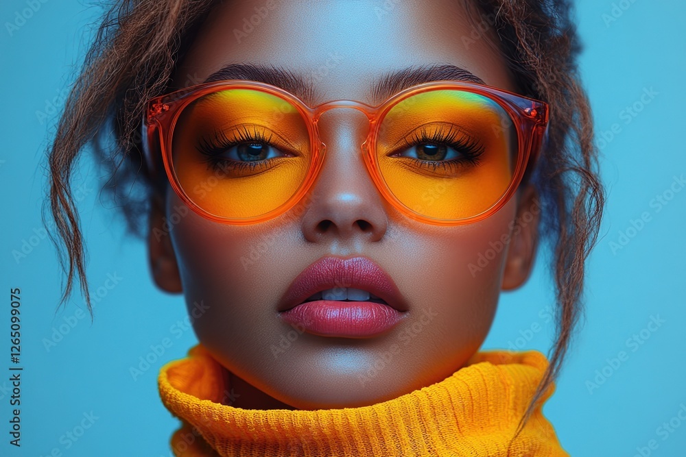 Stylish portrait of a model in vibrant sunglasses on a blue background Stylish portrait of a model in vibrant sunglasses on a blue background