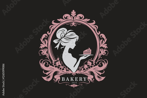 A luxurious bakery logo with a silhouette of a woman wearing a ribbon in her hair, delicately holding a piece of cake.