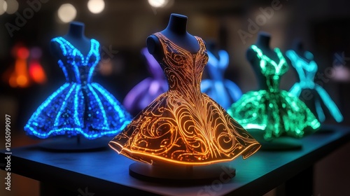 Elegant illuminated dresses on display at a fashion exhibition showcasing creative designs and innovative lighting technology photo