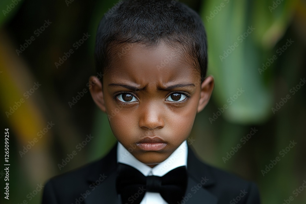 Young boy in formal attire showcasing a serious expression amidst lush greenery in outdoor setting