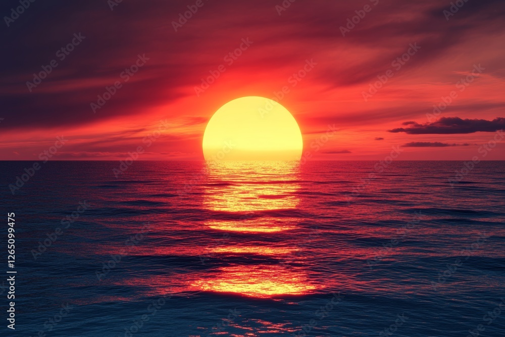 Red sunset over the sea with a large sun in the sky. A beautiful nature background with an orange gradient sky and a calm water surface. Red sunset over the sea with a large sun in the sky. A beautiful nature background with an orange gradient sky and a calm water surface.