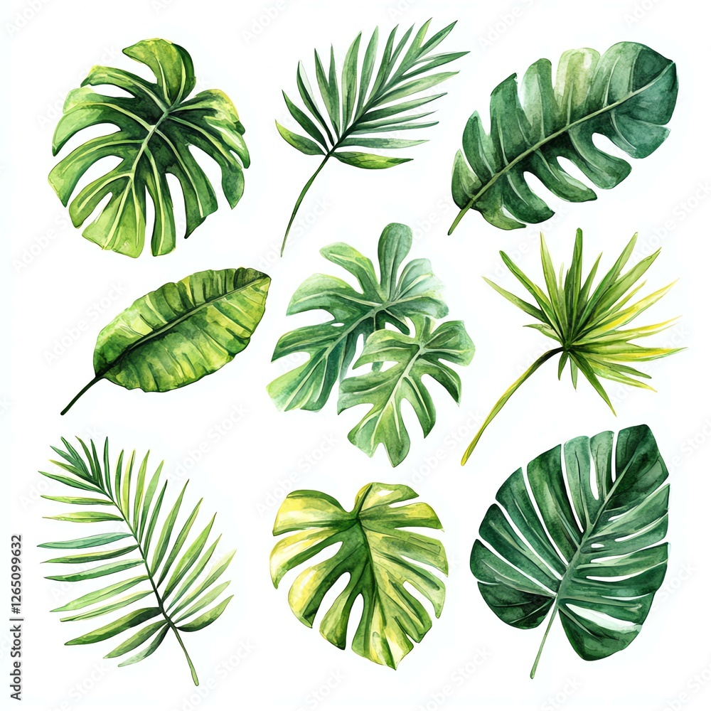 A vibrant collection of tropical leaves showcasing various shapes and shades of green, perfect for nature themes. A vibrant collection of tropical leaves showcasing various shapes and shades of green, perfect for nature themes.