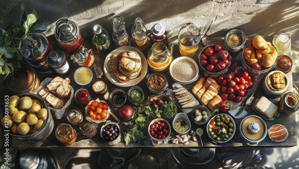 Overhead view of a rustic wooden table laden with a variety of preserved foods, fresh produce, and baked goods, bathed in sunlight. Overhead view of a rustic wooden table laden with a variety of preserved foods, fresh produce, and baked goods, bathed in sunlight.