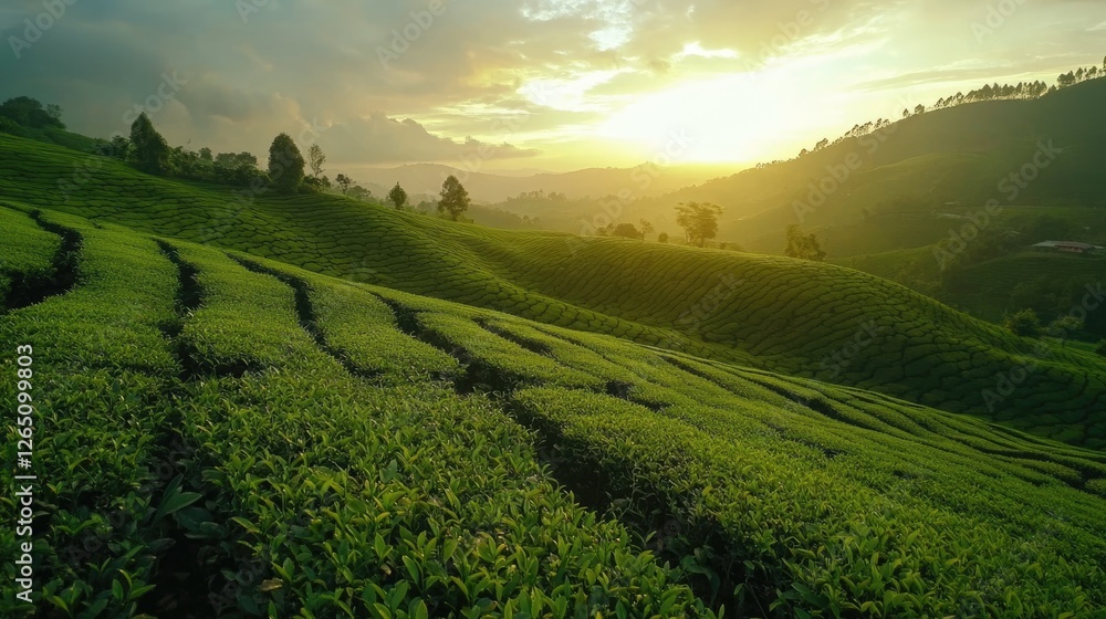 Fototapeta premium Sunrise over rolling green tea plantations in the hills