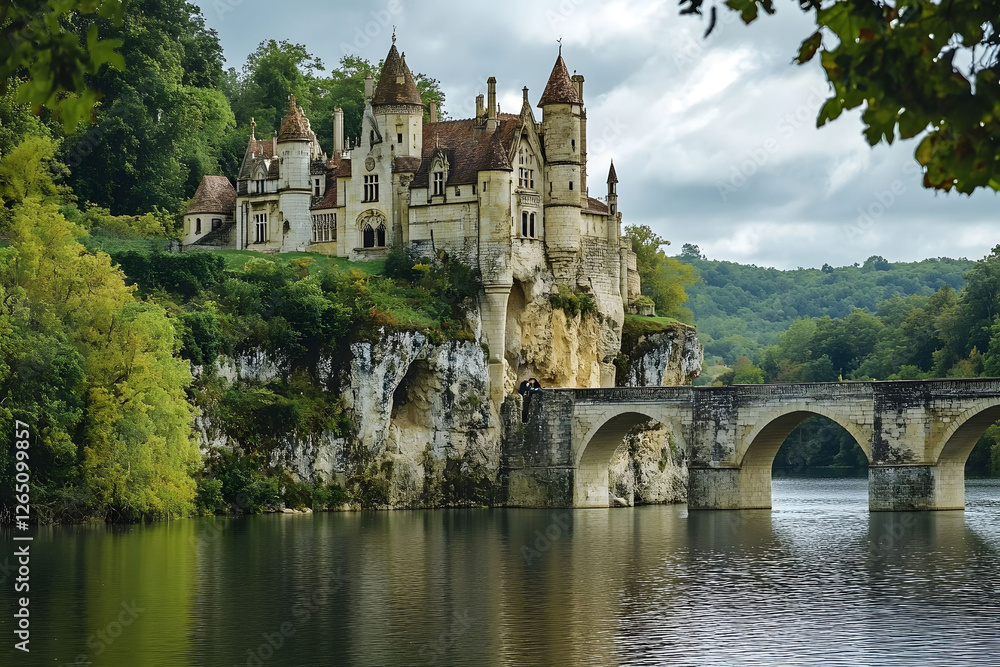 Fototapeta premium Fairytale Chateau on a Cliffside: A Majestic River View