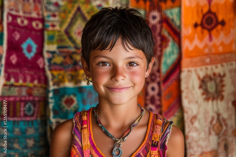 Bright young child smiles in colorful traditional attire against a vibrant backdrop of handmade textiles Bright young child smiles in colorful traditional attire against a vibrant backdrop of handmade textiles