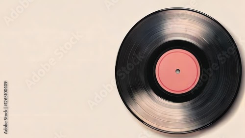 A spinning vintage vinyl record with visible grooves close-up on a light colorful background.