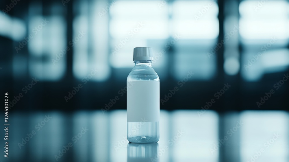 A minimalistic photograph of a clear plastic bottle with a white label placed on a reflective surface in a softly lit room. A minimalistic photograph of a clear plastic bottle with a white label placed on a reflective surface in a softly lit room.