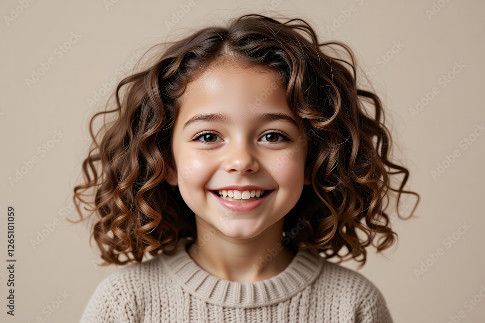 Adorable Girl with Curly Brown Hair Smiling Happy Child Portrait Studio Shot Adorable Girl with Curly Brown Hair Smiling Happy Child Portrait Studio Shot