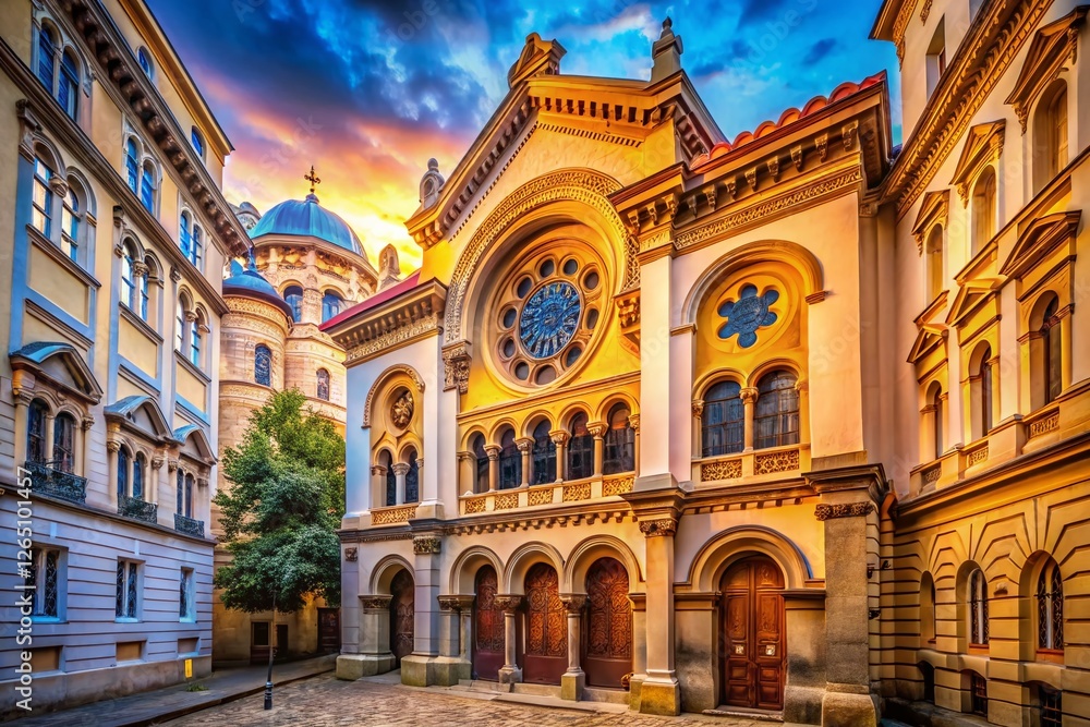 Obraz premium Prague Synagogue, Historic Jewish Quarter, Ancient Stone Architecture, Soft Light, Detailed Facade