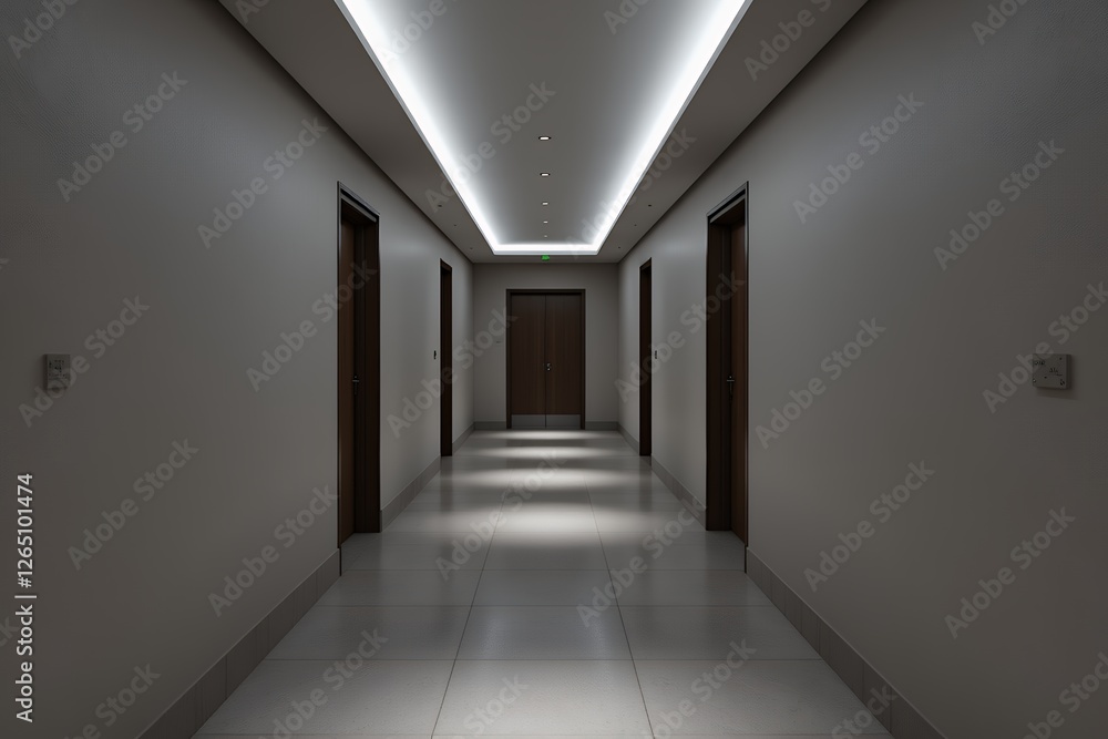 Obraz premium Modern Hotel Corridor Interior Design Long Hallway with Dark Wood Doors and Recessed Lighting