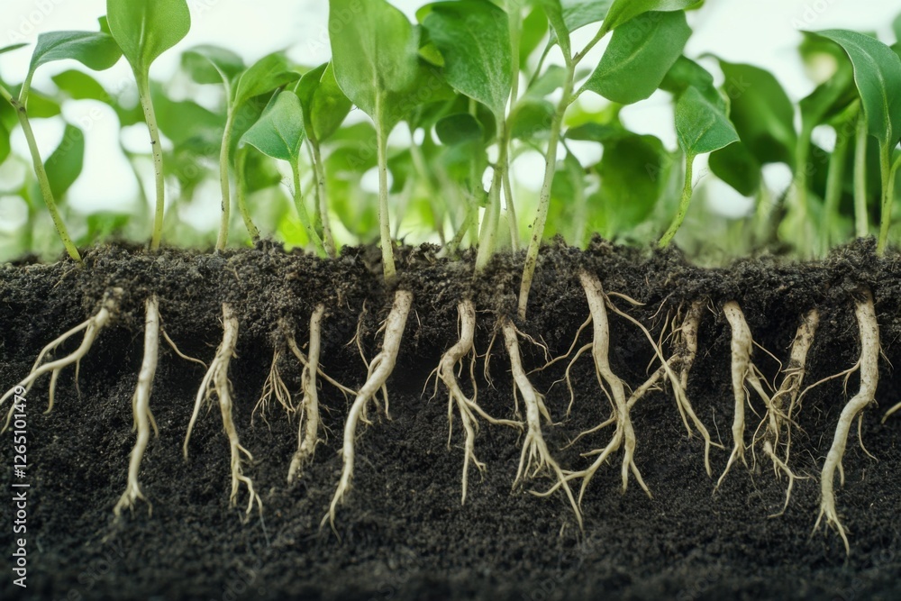 Fototapeta premium Young green plants growing in rich soil with visible roots extending underground, symbolizing growth and nature's foundation