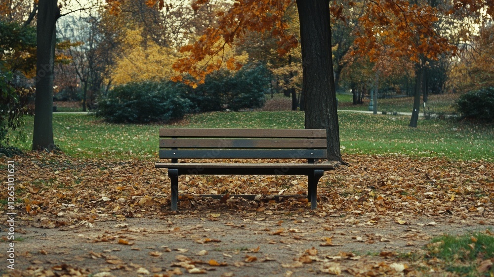 An empty bench stands in a vibrant autumn park with vivid foliage, inviting solitude amid nature's vivid transformation, under an overcast sky. An empty bench stands in a vibrant autumn park with vivid foliage, inviting solitude amid nature's vivid transformation, under an overcast sky.