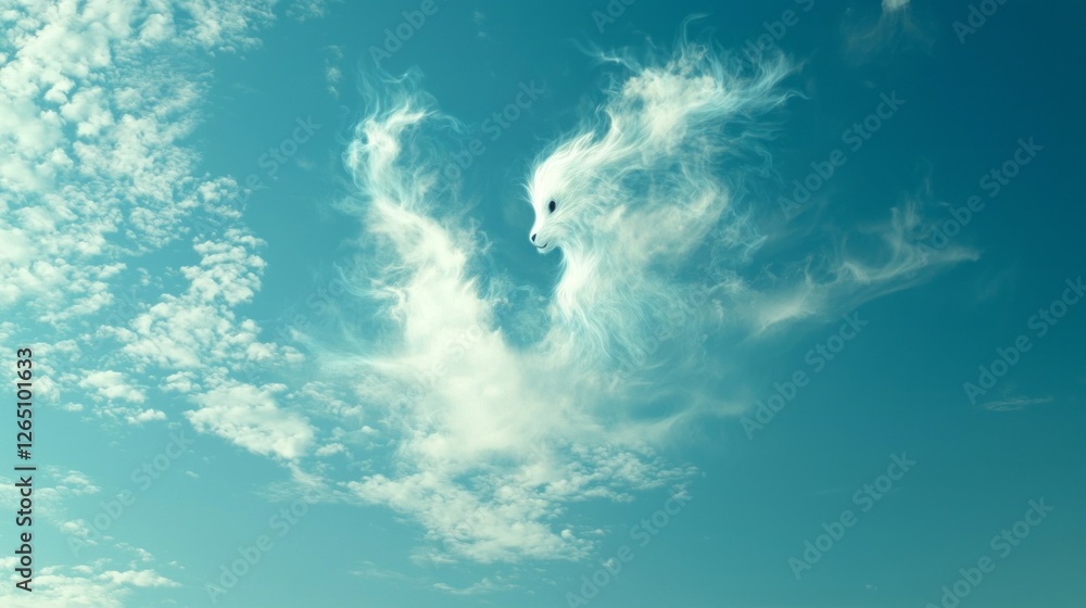A bright blue sky stretches endlessly, dotted with soft white clouds. One cloud intriguingly forms a whimsical creature, evoking a sense of wonder and imagination as it drifts effortlessly above A bright blue sky stretches endlessly, dotted with soft white clouds. One cloud intriguingly forms a whimsical creature, evoking a sense of wonder and imagination as it drifts effortlessly above
