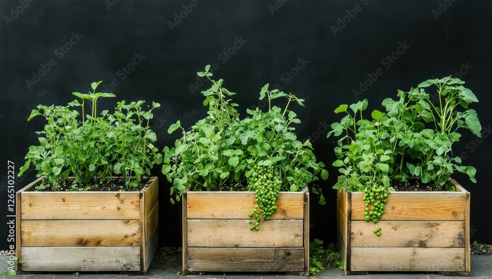 Three wooden planters with various herbs against a dark wall. Three wooden planters with various herbs against a dark wall.