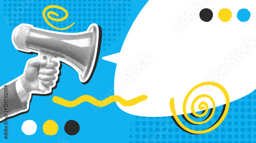 Pop-art banner template with speech bubble and halftone megaphone in hand
