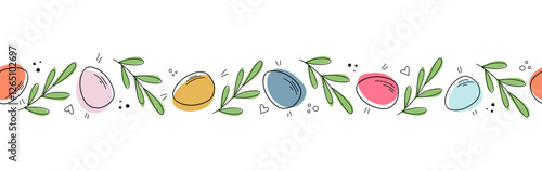 Border with Easter eggs and green branches hand drawn in doodle style. Seamless border with cute elements