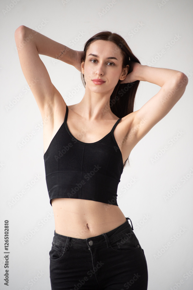 Professional model test shoot for agency submission. Natural beauty, minimal makeup, black bikini, clean background, confident poses. Perfect for portfolios, castings, and fashion industry needs Professional model test shoot for agency submission. Natural beauty, minimal makeup, black bikini, clean background, confident poses. Perfect for portfolios, castings, and fashion industry needs
