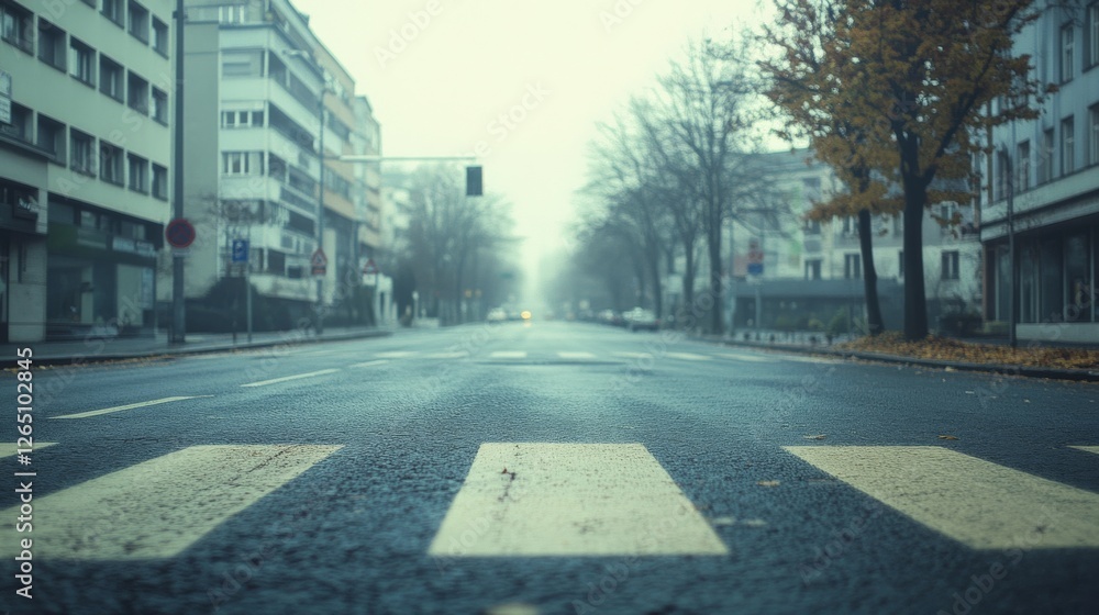 Obraz premium A quiet, mist-filled street at dawn, with a sense of calm and stillness, the soft light creating a dreamlike urban landscape.