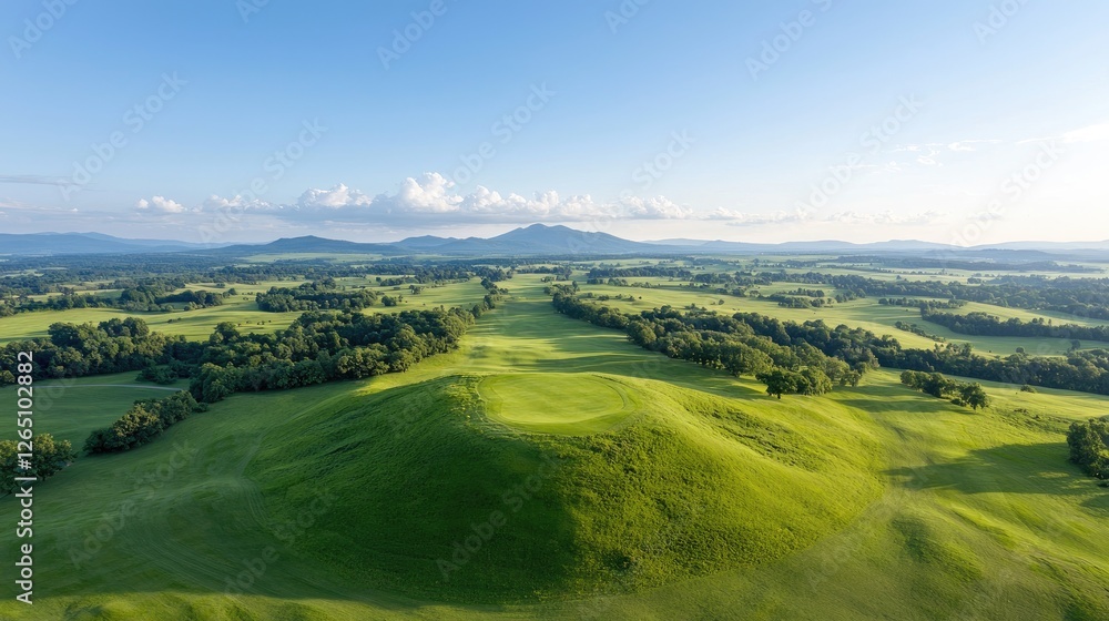 Scenic golf course aerial, green hills, sunny day, mountain background, travel brochure Scenic golf course aerial, green hills, sunny day, mountain background, travel brochure