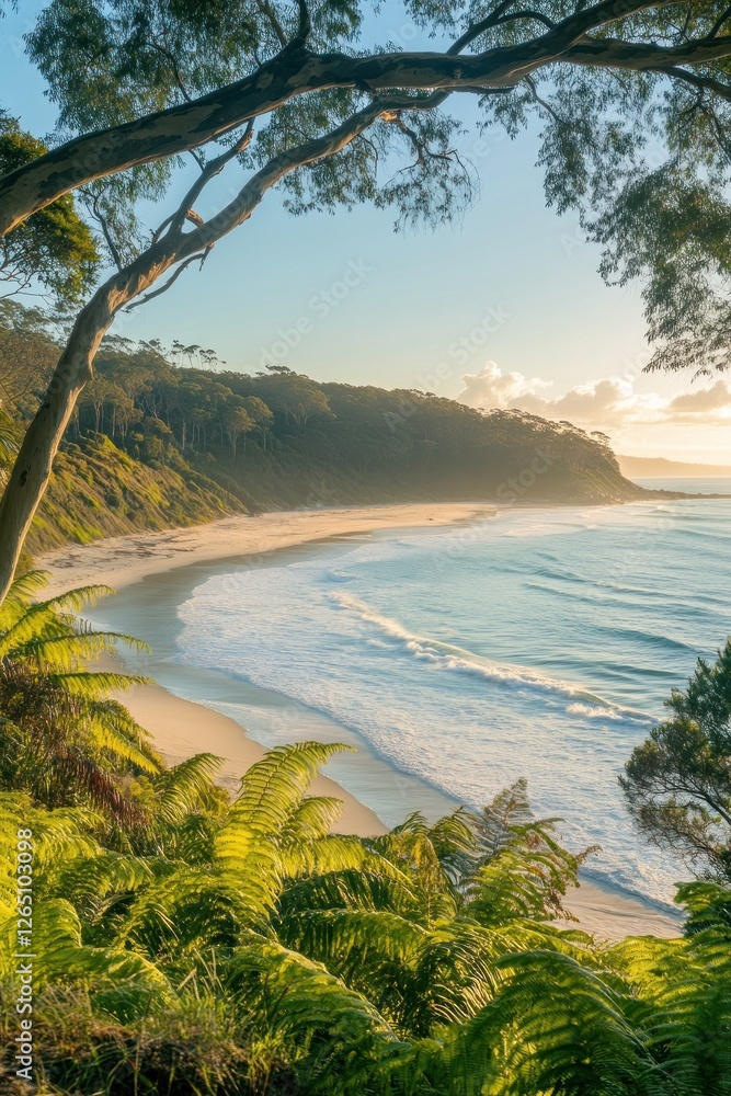 Obraz premium Serene sunrise over secluded, crescent beach framed by lush foliage.