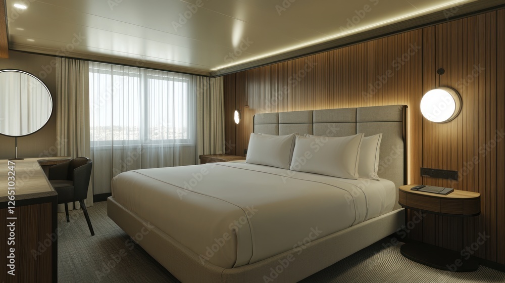 Modern hotel room, king bed, city view, wood accents, luxury stay Modern hotel room, king bed, city view, wood accents, luxury stay