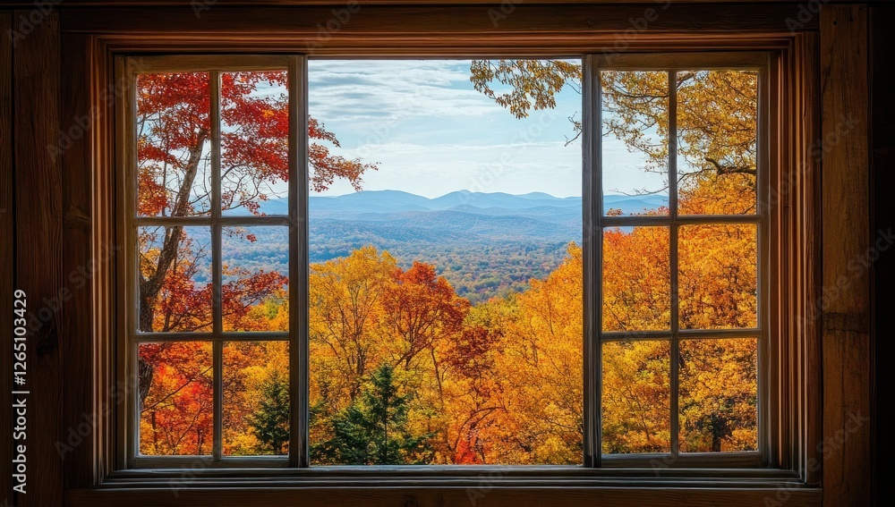 Fototapeta premium Autumnal view through a rustic window showcasing vibrant fall foliage and distant mountains.