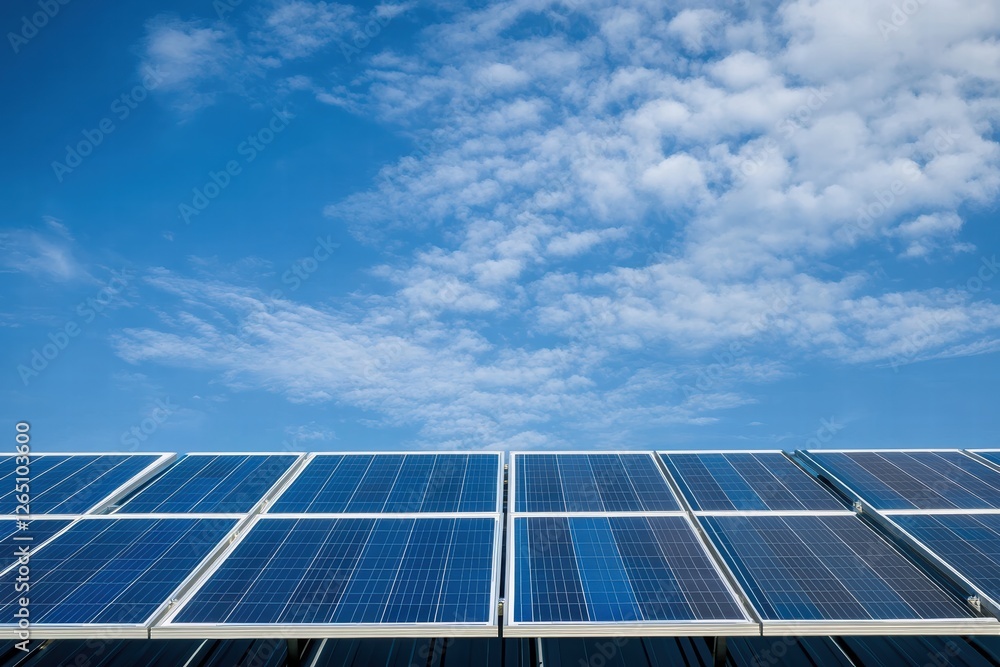 Solar panels installed on tinted roofs under a bright blue sky with scattered clouds Solar panels installed on tinted roofs under a bright blue sky with scattered clouds