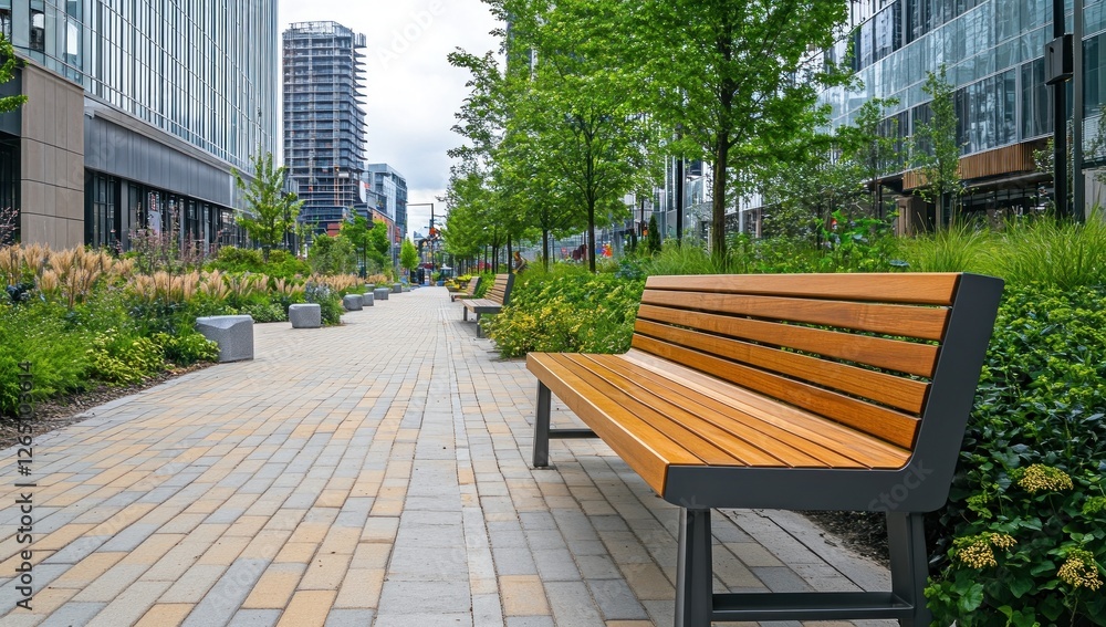 Empty park bench on a paved walkway lined with trees and flowers in a modern city setting. Empty park bench on a paved walkway lined with trees and flowers in a modern city setting.