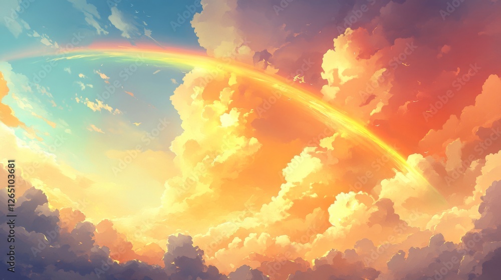 Golden Cloudscape With A Rainbow Arcing Across The Sky Golden Cloudscape With A Rainbow Arcing Across The Sky