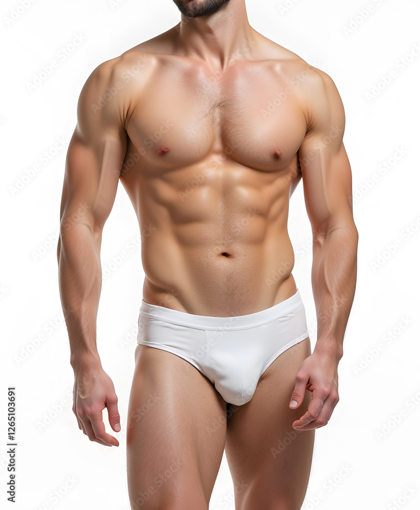 Fototapeta premium Athletic young caucasian male in white underwear displaying muscular physique