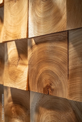 Close-up of a wall made of stacked, light brown wooden blocks showing growth rings.
