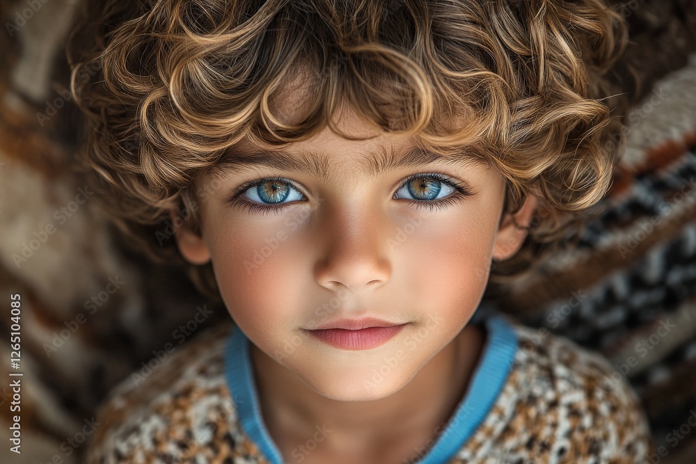 Fototapeta premium Young boy with curly hair and striking blue eyes posing warmly against a patterned background in bright lighting