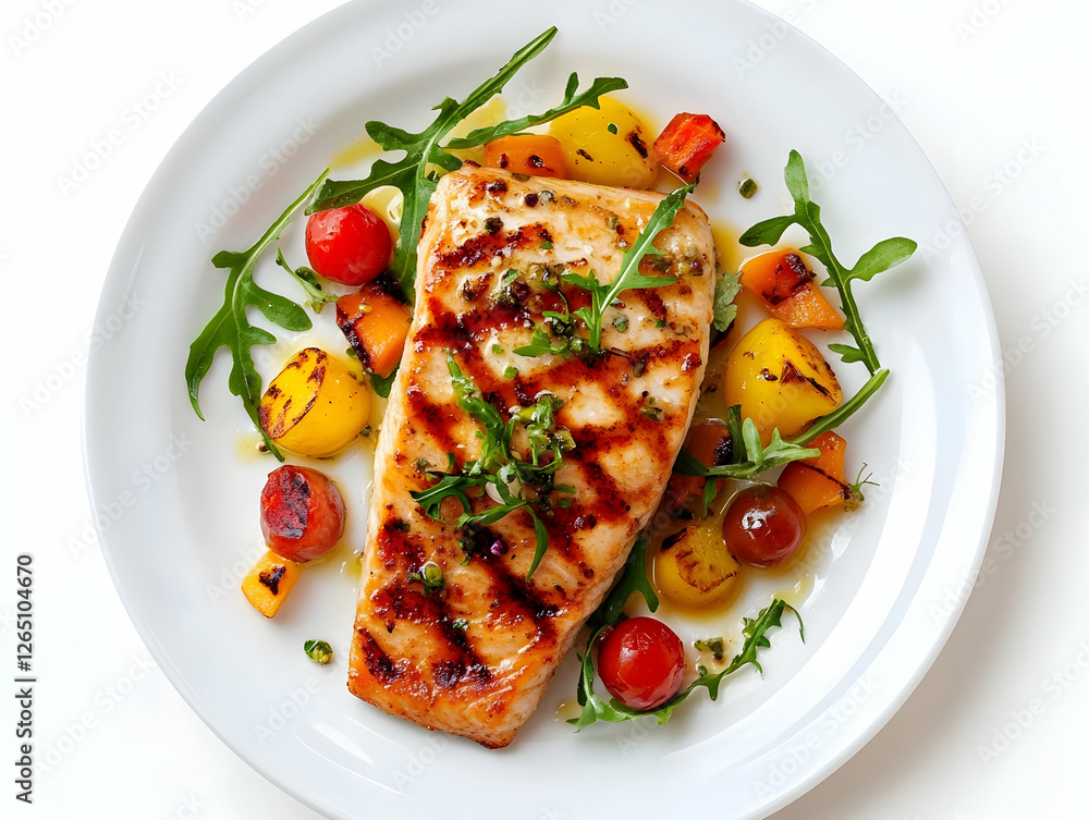 Grilled salmon fillet served with roasted vegetables and arugula on a white plate, symbolizing a healthy and flavorful meal option Grilled salmon fillet served with roasted vegetables and arugula on a white plate, symbolizing a healthy and flavorful meal option