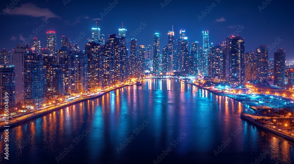 Fototapeta premium Night cityscape skyline reflections. Aerial view of illuminated city buildings reflected in water. Possible use in travel, architecture, and lifestyle publications