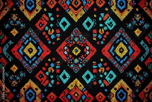 Intricate colorful geometric pattern with bead-like dots in ethnic African style
