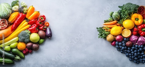 Wallpaper Mural Colorful array of fresh fruits and vegetables arranged in two groups on a gray background. Torontodigital.ca
